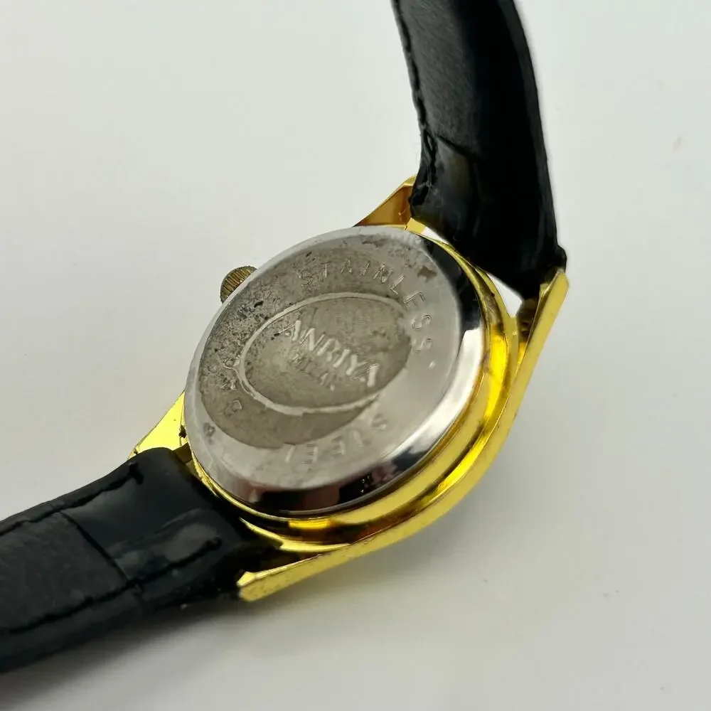 Anriya Milan Gold-tone Black Genuine Leather Women’s Quartz Watch New Battery